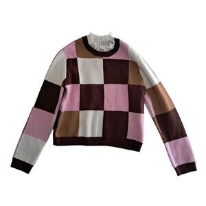Anthropologie Sweater Women's Medium Plaid Ruffle-Collar‎ Pullover Preppy Retro
